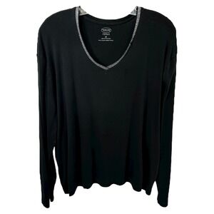 Talbots Plus Size 2X‎ Top Black Long Sleeve Knit Rhinestone V Neck Holiday 742